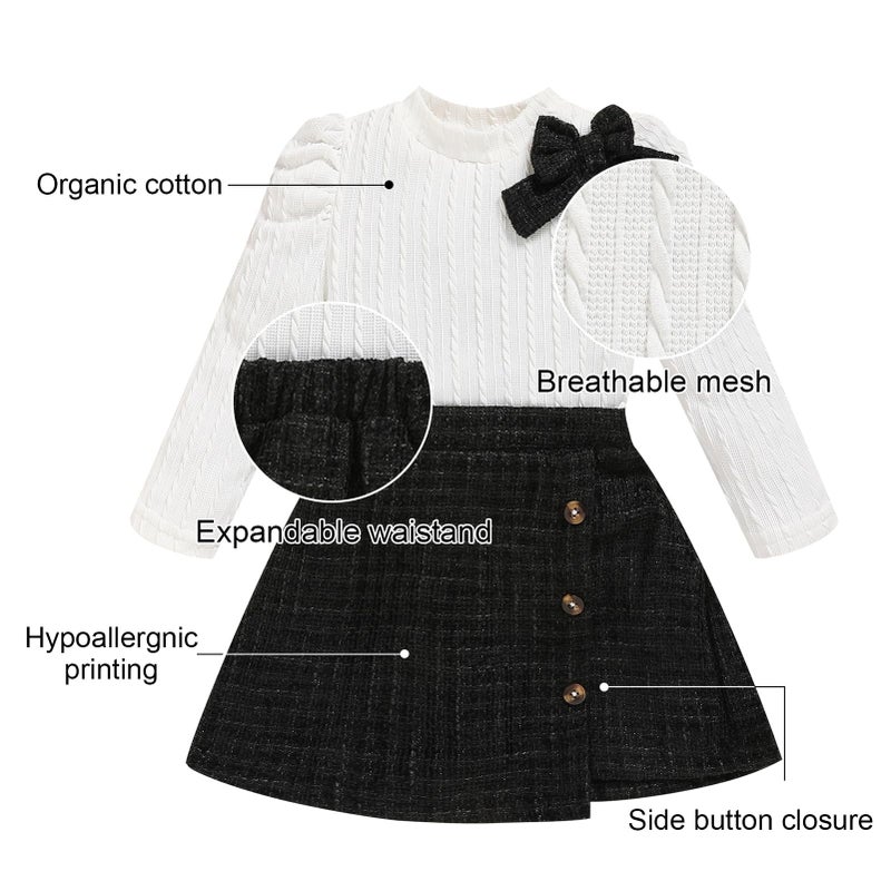 TITKKOP Toddler Girl Plaid Outfits Fall Winter Dress Knit Ribbed Bow Sweatshirt Tops and Button Fashion Skirts Setï¼ˆWhite+Black,3T - Image 5