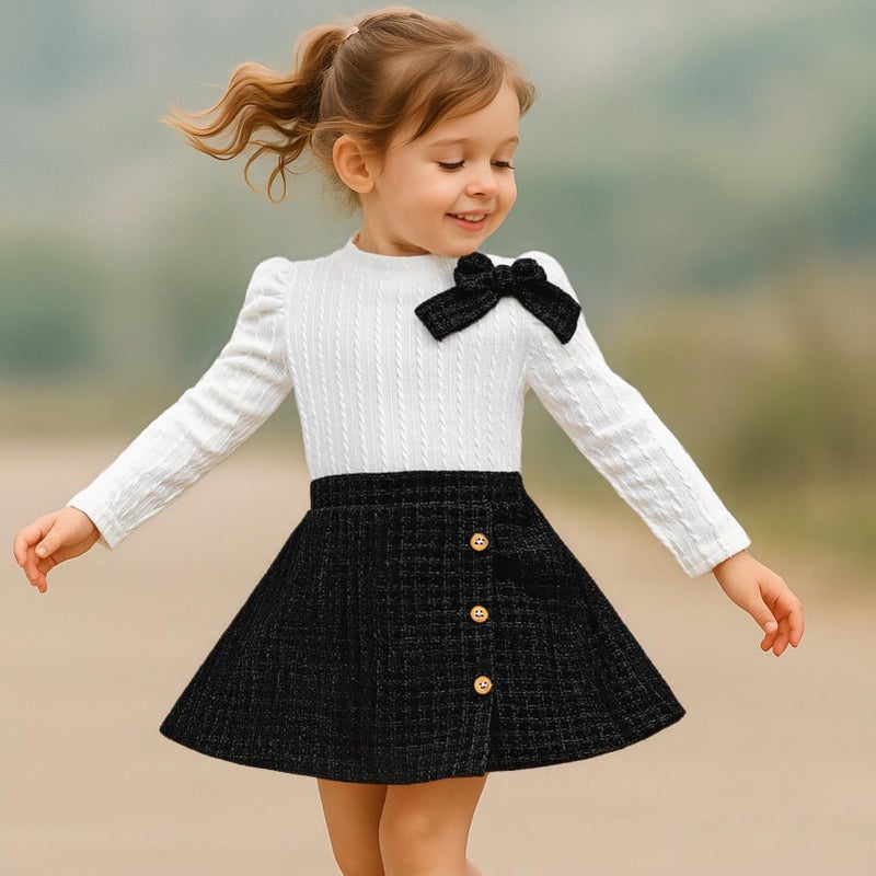 TITKKOP Toddler Girl Plaid Outfits Fall Winter Dress Knit Ribbed Bow Sweatshirt Tops and Button Fashion Skirts Setï¼ˆWhite+Black,3T - Image 2