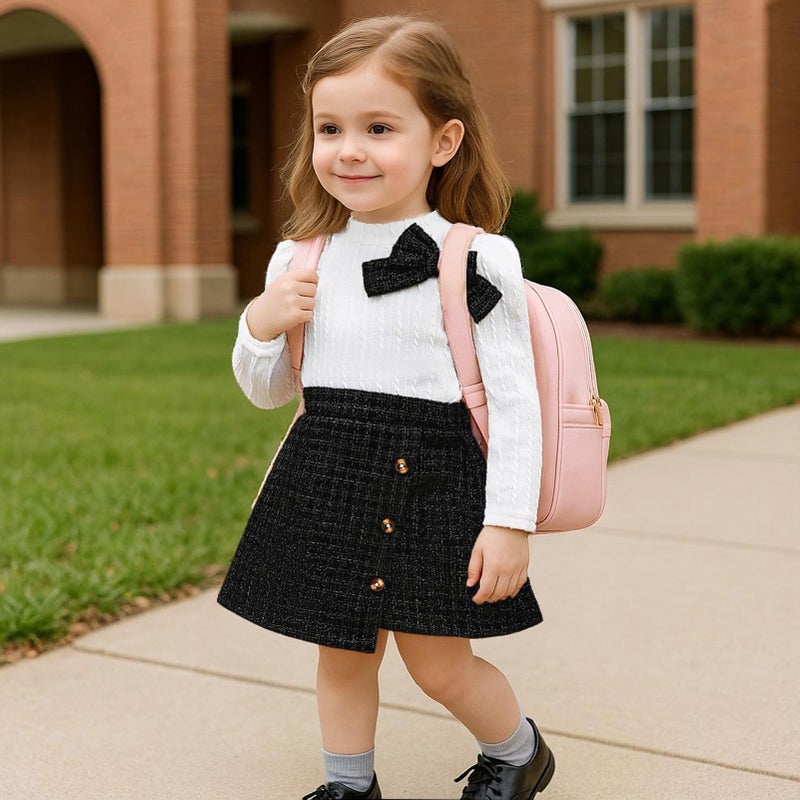 TITKKOP Toddler Girl Plaid Outfits Fall Winter Dress Knit Ribbed Bow Sweatshirt Tops and Button Fashion Skirts Setï¼ˆWhite+Black,3T - Image 3