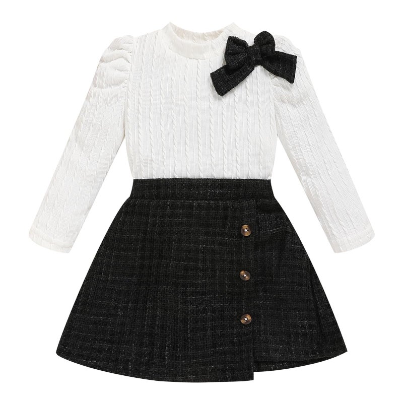 TITKKOP Toddler Girl Plaid Outfits Fall Winter Dress Knit Ribbed Bow Sweatshirt Tops and Button Fashion Skirts Setï¼ˆWhite+Black,3T - Image 1