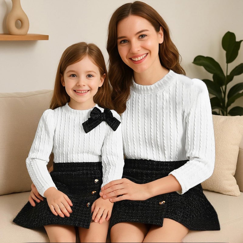 TITKKOP Toddler Girl Plaid Outfits Fall Winter Dress Knit Ribbed Bow Sweatshirt Tops and Button Fashion Skirts Setï¼ˆWhite+Black,3T - Image 4