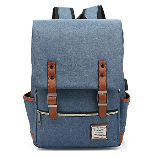UGRACE Vintage Laptop Backpack with USB Charging Port, Elegant Water Resistant Travelling Backpack Casual Daypacks College Shoulder Bag for Men Women, Fits up to 15.6Inch Laptop in Blue - Image 1
