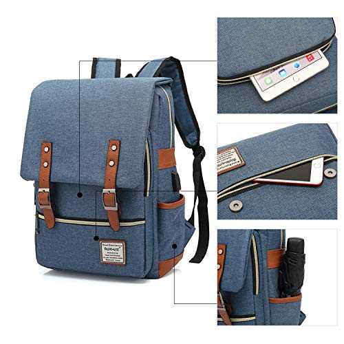 UGRACE Vintage Laptop Backpack with USB Charging Port, Elegant Water Resistant Travelling Backpack Casual Daypacks College Shoulder Bag for Men Women, Fits up to 15.6Inch Laptop in Blue - Image 5