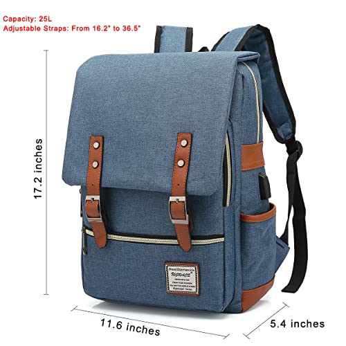 UGRACE Vintage Laptop Backpack with USB Charging Port, Elegant Water Resistant Travelling Backpack Casual Daypacks College Shoulder Bag for Men Women, Fits up to 15.6Inch Laptop in Blue - Image 2