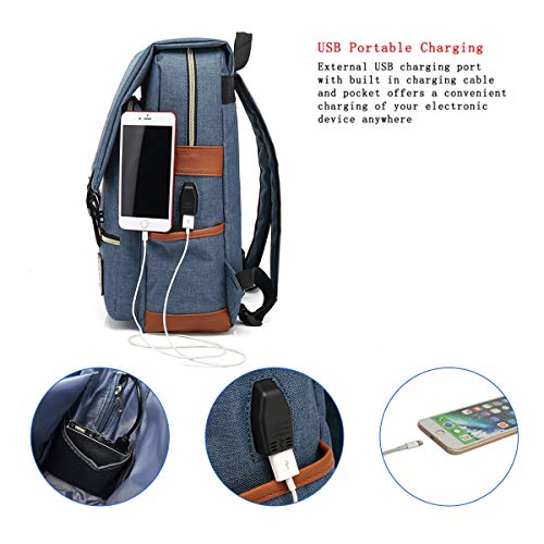 UGRACE Vintage Laptop Backpack with USB Charging Port, Elegant Water Resistant Travelling Backpack Casual Daypacks College Shoulder Bag for Men Women, Fits up to 15.6Inch Laptop in Blue - Image 3