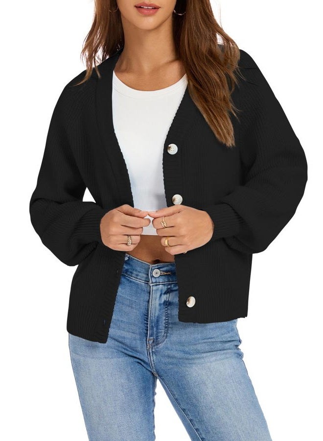 KUOTAI Women's Chunky Knit Open Front Sweaters Long Sleeve Button Loose Short Cardigan Outerwear Coats, Black, L - Image 2