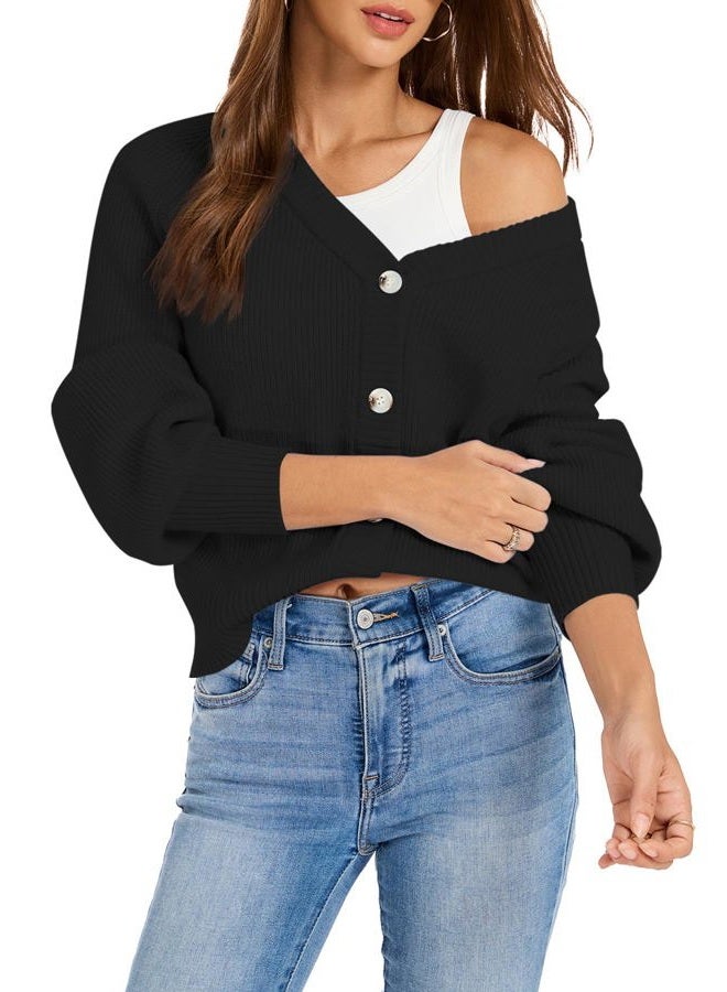 KUOTAI Women's Chunky Knit Open Front Sweaters Long Sleeve Button Loose Short Cardigan Outerwear Coats, Black, L - Image 3
