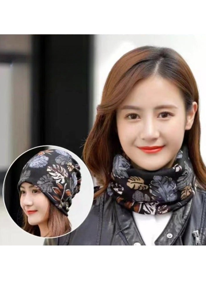 AROAQ Women Casual Beanies Hat, Autumn And Winter Comfortable Twist Hat Bib For Women, Soft Stretchy Women Knit Cap, Warm Neck Sheath Head Hat For Women Girls Teens,(Black Maple Leaf)  - Image 1