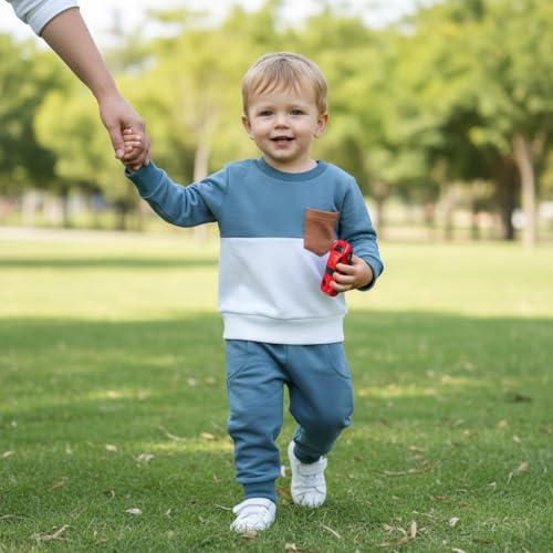allshope Toddler Baby Boy Fall Outfit Contrast Color Sweatshirt Tops with Elastic Waist Pants Cute Infant Newborn Winter Clothes (Color Blue, 12-18 Months) - Image 2