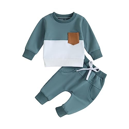 allshope Toddler Baby Boy Fall Outfit Contrast Color Sweatshirt Tops with Elastic Waist Pants Cute Infant Newborn Winter Clothes (Color Blue, 12-18 Months) - Image 1