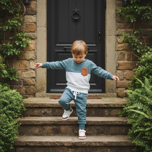 allshope Toddler Baby Boy Fall Outfit Contrast Color Sweatshirt Tops with Elastic Waist Pants Cute Infant Newborn Winter Clothes (Color Blue, 12-18 Months) - Image 4