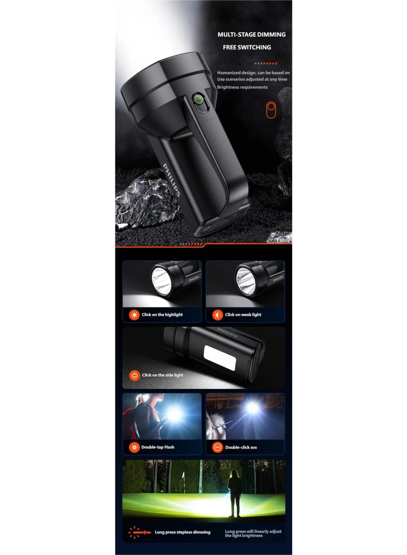 فيليبس Philips SFL3121 Outdoor Strong Flashlight, 3000mAh Long Battery Life, Type-C Charging, IPX4 Waterproof, Stepless Dimming Searchlight, Camping Hiking Emergency Lighting BLACK - Image 4