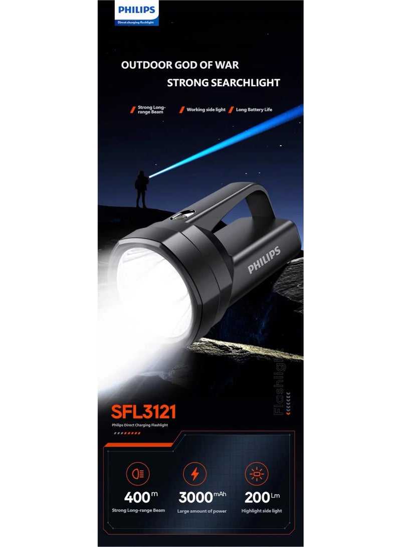 فيليبس Philips SFL3121 Outdoor Strong Flashlight, 3000mAh Long Battery Life, Type-C Charging, IPX4 Waterproof, Stepless Dimming Searchlight, Camping Hiking Emergency Lighting BLACK - Image 2