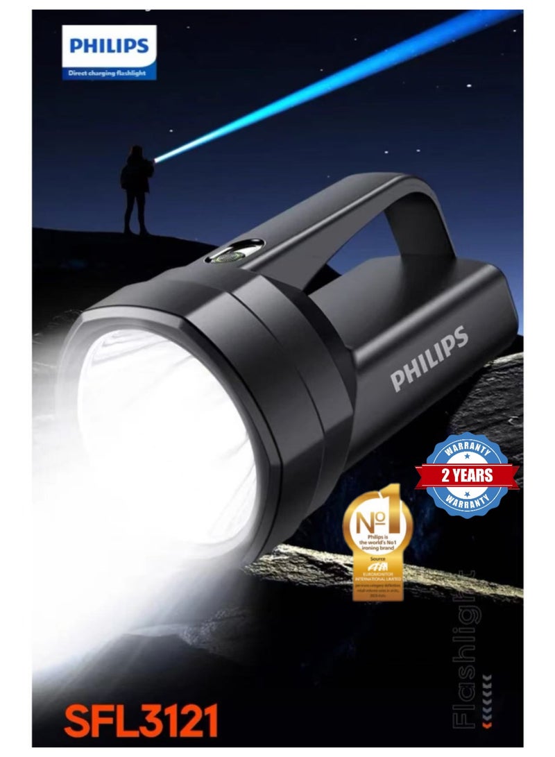 فيليبس Philips SFL3121 Outdoor Strong Flashlight, 3000mAh Long Battery Life, Type-C Charging, IPX4 Waterproof, Stepless Dimming Searchlight, Camping Hiking Emergency Lighting BLACK - Image 1