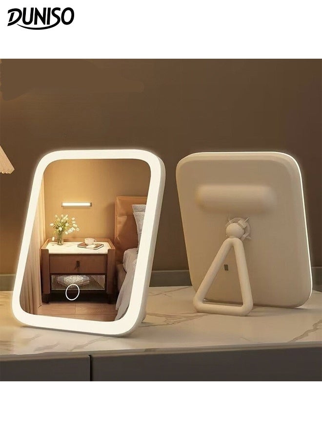 DUNISO مرآة مكياج LED قابلة للشحن عبر USB مع إضاءة قابلة للتعديل بـ 3 ألوان وميزة اللمس الذكي مرآة تجميل محمولة مضيئة لطاولة الزينة الحمام المكتب السفر - Image 1