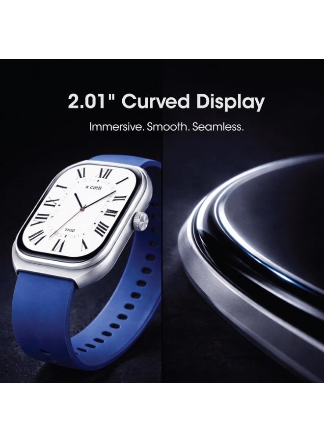 Xcell G‑Curve Smartwatch | 2.01" Curved Display | Bluetooth Calling | IP68 | Heart Rate, SpO2 & Wellness BP Tracking | 100+ Workout Modes | Magnetic Charging | iOS/Android- Silver Frame & Blue Strap - Image 3