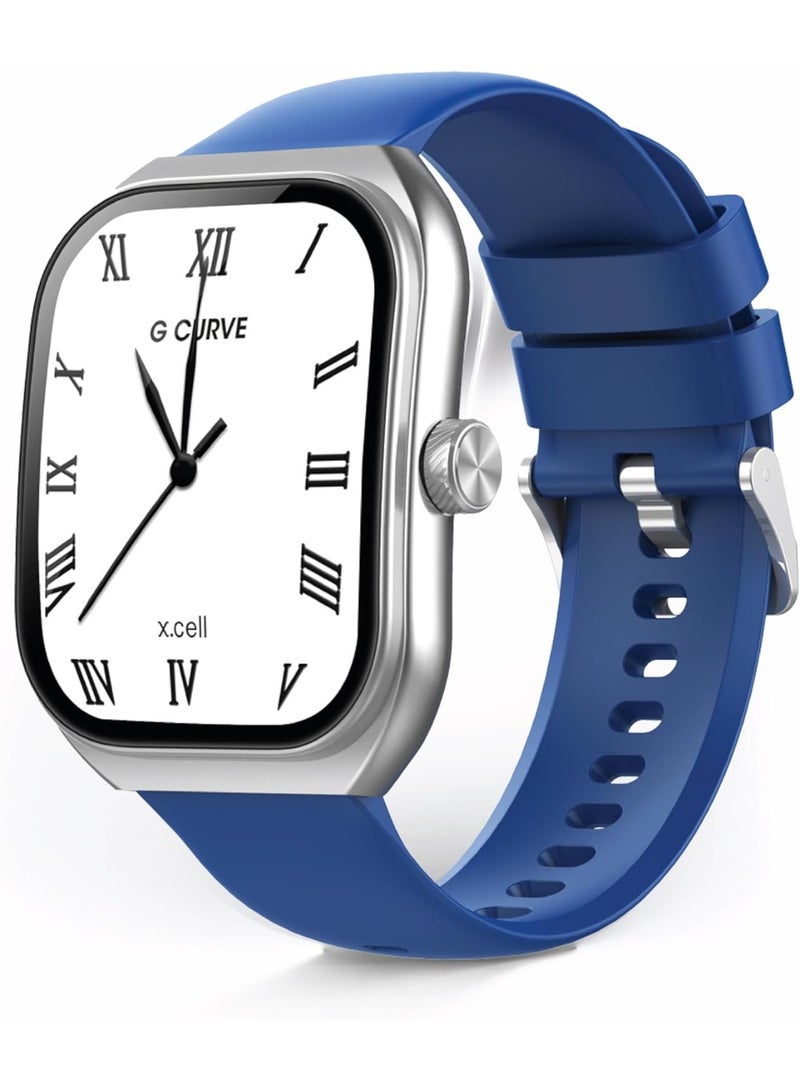 Xcell G‑Curve Smartwatch | 2.01" Curved Display | Bluetooth Calling | IP68 | Heart Rate, SpO2 & Wellness BP Tracking | 100+ Workout Modes | Magnetic Charging | iOS/Android- Silver Frame & Blue Strap - Image 1