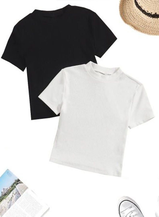 Nileton Ribbed Knit Mock Neck Crop Top - Cap Sleeve - T-shirt For Women - 2 Pcs - Image 1