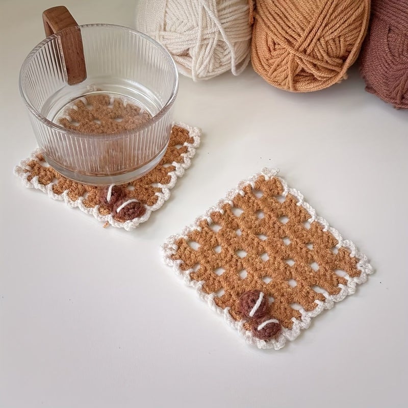 2pcs Handmade Crochet Coffee Bean Coasters Desktop Mats - Image 1