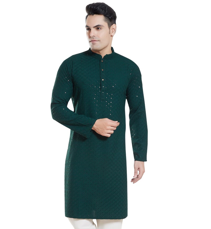 DIVISIVE Men's Sequince Embroidered Cotton Blend Only Slim Fit Kurta (DKRT136_XXXL_Bottle Green) - Image 1