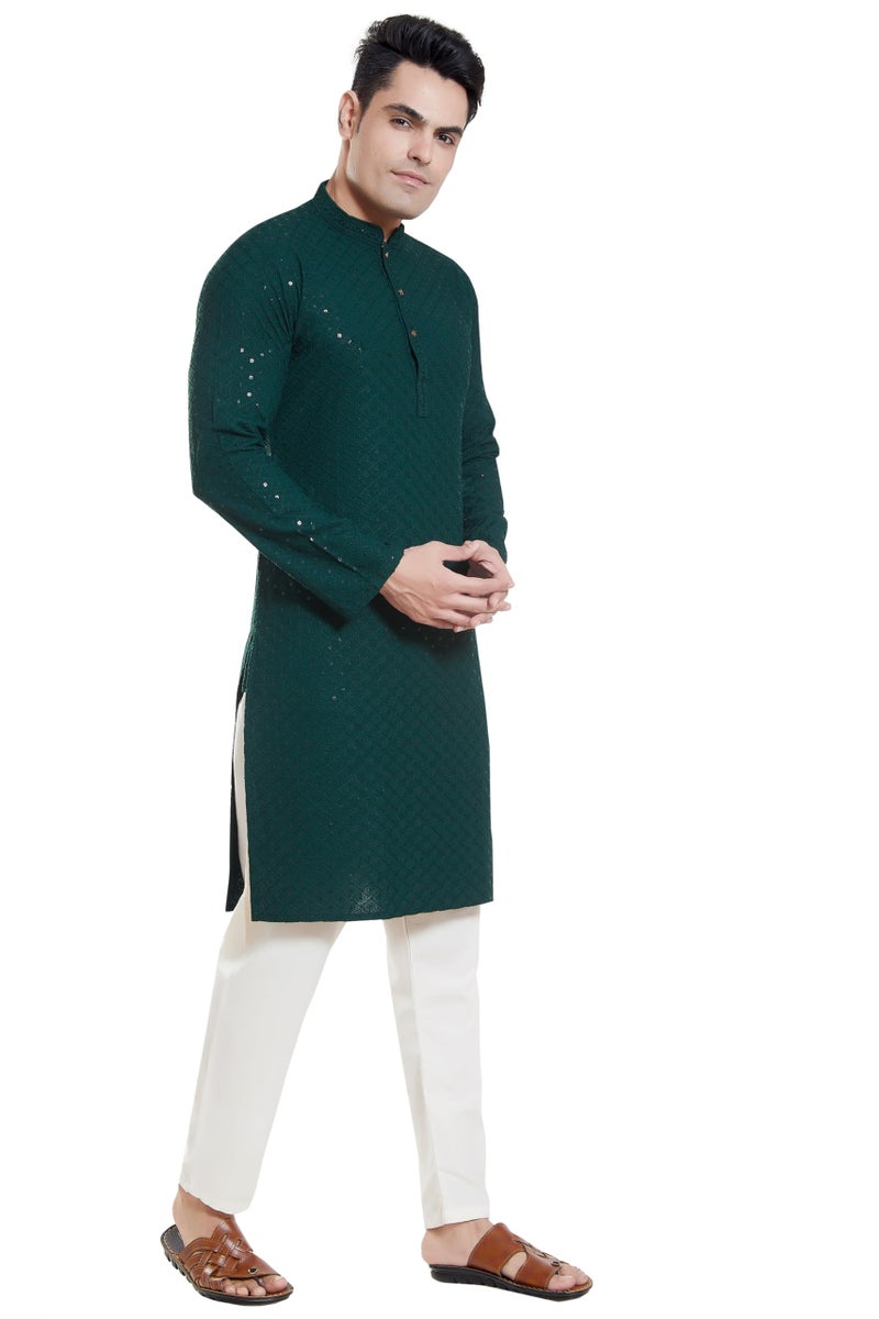 DIVISIVE Men's Sequince Embroidered Cotton Blend Only Slim Fit Kurta (DKRT136_XXXL_Bottle Green) - Image 3