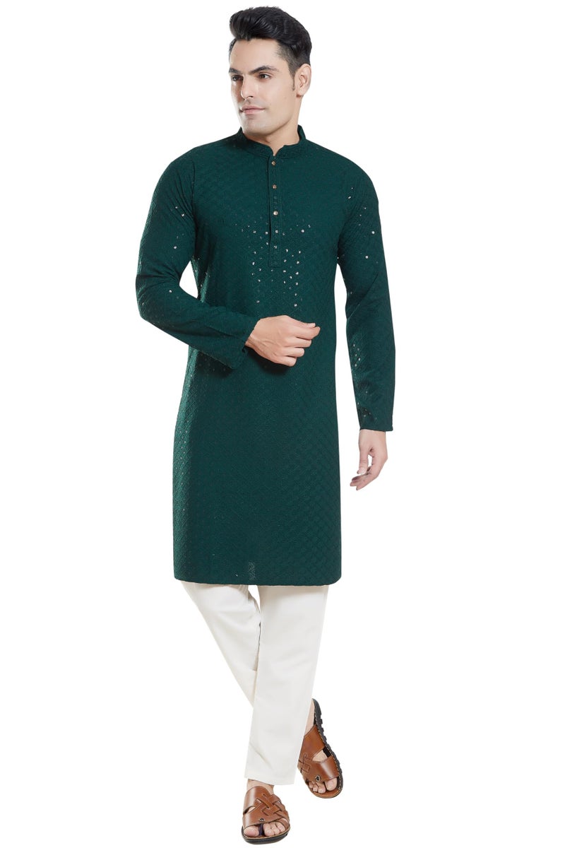 DIVISIVE Men's Sequince Embroidered Cotton Blend Only Slim Fit Kurta (DKRT136_XXXL_Bottle Green) - Image 2