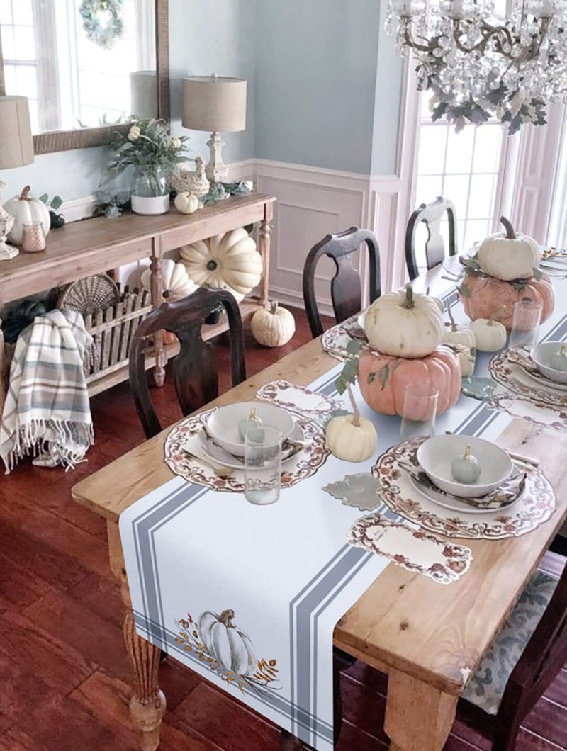 TweetyBed Fall Thanksgiving Table Runners 70 Inch Decorations White Pumpkin Leaf Branch Runners for Dining Tables Gray Stripes Autumn Dinner Runner Kitchen Parties Decor - Image 4