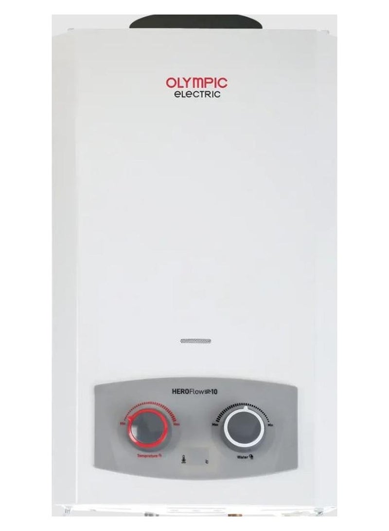 Olympic Gas Heater 10 Liters White Hero Flow Digital with Charger Natural Gas Chimney Code 5584