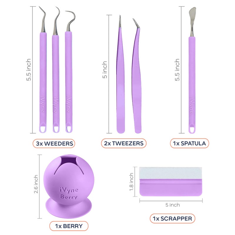 iVyne (8pcs) Premium Vinyl Weeding Tool Kit & Weeding Scrap Collector Soft Grip Tools with Berry, Weeder, Tweezers, Picker Or Hook, and Scraper Set for Silhouette Cameos & HTV - Purple - Image 2
