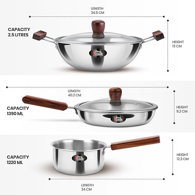 Milton Milton Procook Triply Stainless Steel I 4 pc Induction & Gas Stove Friendly Cookware with Wooden Handle I Cooking Pan, Kadhai, Tea Pan