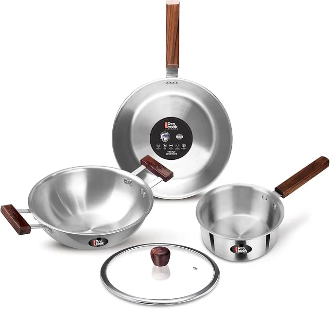 Milton Milton Procook Triply Stainless Steel I 4 pc Induction & Gas Stove Friendly Cookware with Wooden Handle I Cooking Pan, Kadhai, Tea Pan