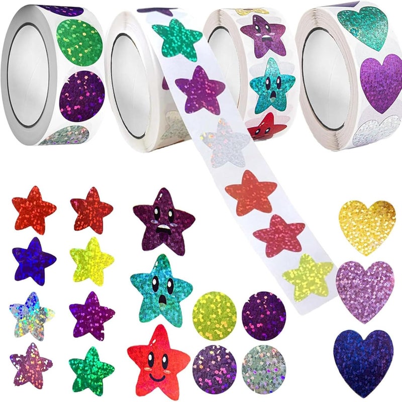 جيه زد اس ملصقات مكافآت للأطفال، 4 لفات من ملصقات نجوم الوجوه المبتسمة، 2000 قطعة من ملصقات تحفيزية للمعلمين، ملصقات لامعة من رقائق الألومنيوم، ملصقات قلوب مقاومة للماء، ملصقات تدريب على استخدام المرحاض للمنزل والفصل الدراسي - Image 1