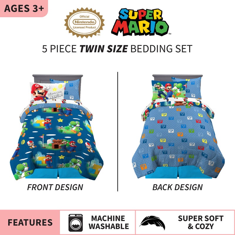 Franco Kids Bedding Super Soft Comforter and Sheet Set with Sham, 5 Piece Twin Size, Mario - Image 2