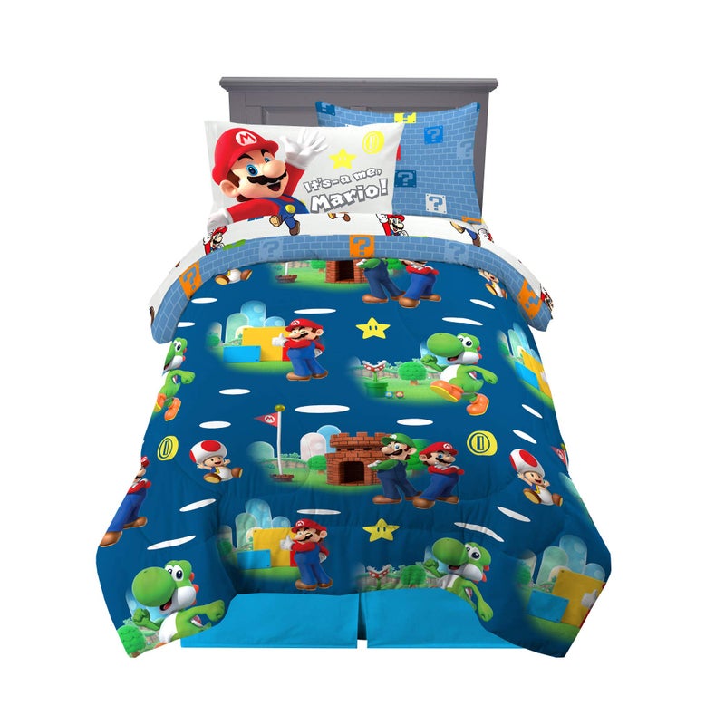 Franco Kids Bedding Super Soft Comforter and Sheet Set with Sham, 5 Piece Twin Size, Mario - Image 1
