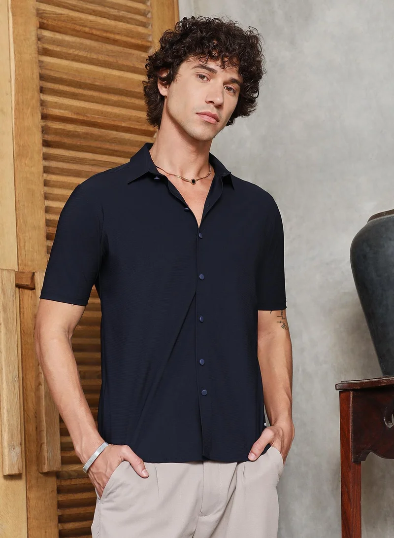 Campus Sutra Men's Prussian Blue Seamless Waffle Shirt For Casual Wear | Spread Collar | Short Regular Sleeves | Button Closure | Shirt Crafted With Comfort Fit For Everyday Wear