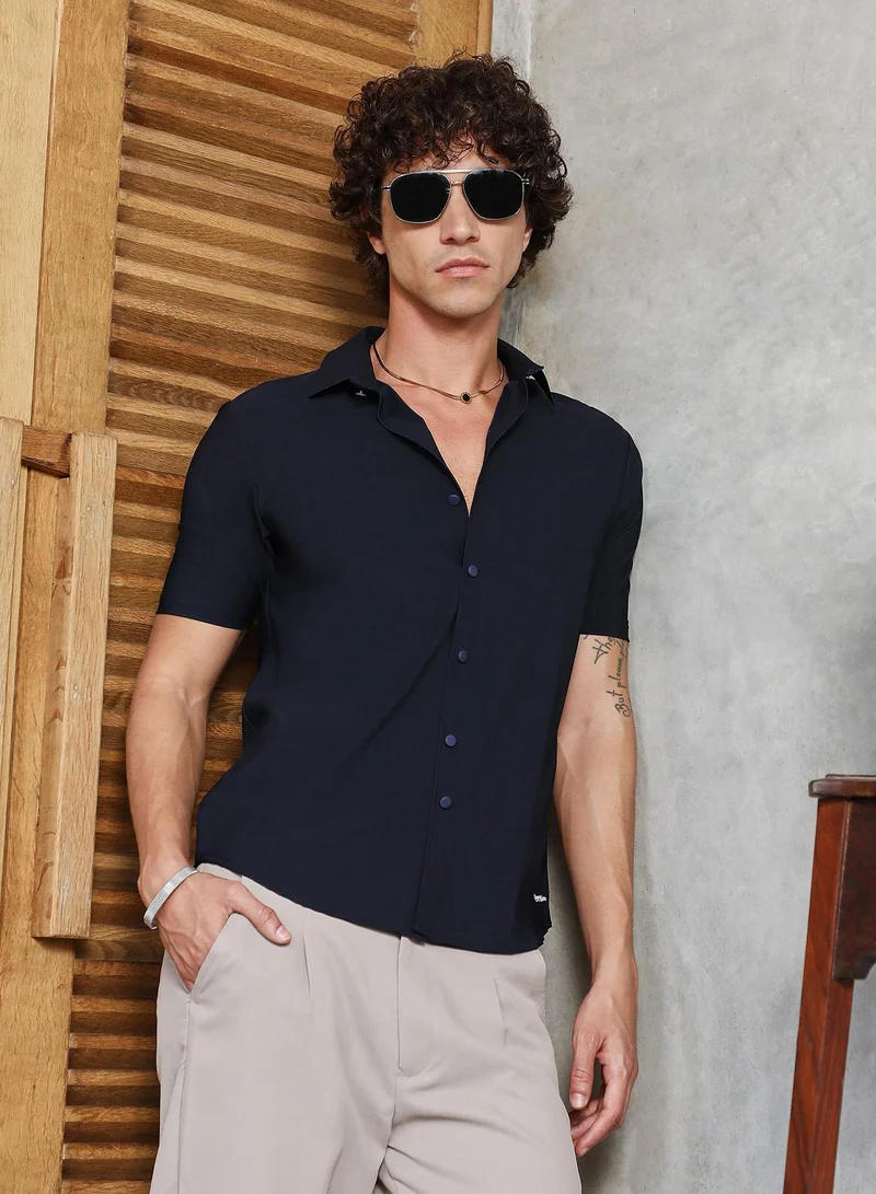 Campus Sutra Men's Prussian Blue Seamless Waffle Shirt For Casual Wear | Spread Collar | Short Regular Sleeves | Button Closure | Shirt Crafted With Comfort Fit For Everyday Wear