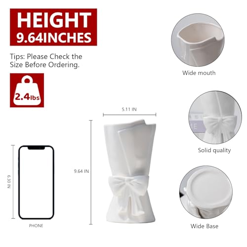 Relexome Fully Glazed White Ceramic Bow Vase 9.64 in Unique Cute Modern Decorative Bouquet Flower Vases for Home Living Room Table Summer Decor Women Gifts - Image 2