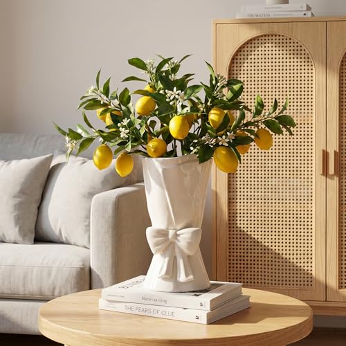 Relexome Fully Glazed White Ceramic Bow Vase 9.64 in Unique Cute Modern Decorative Bouquet Flower Vases for Home Living Room Table Summer Decor Women Gifts - Image 4