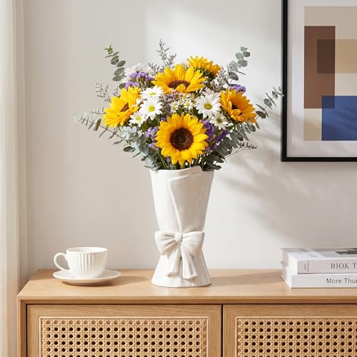 Relexome Fully Glazed White Ceramic Bow Vase 9.64 in Unique Cute Modern Decorative Bouquet Flower Vases for Home Living Room Table Summer Decor Women Gifts - Image 5