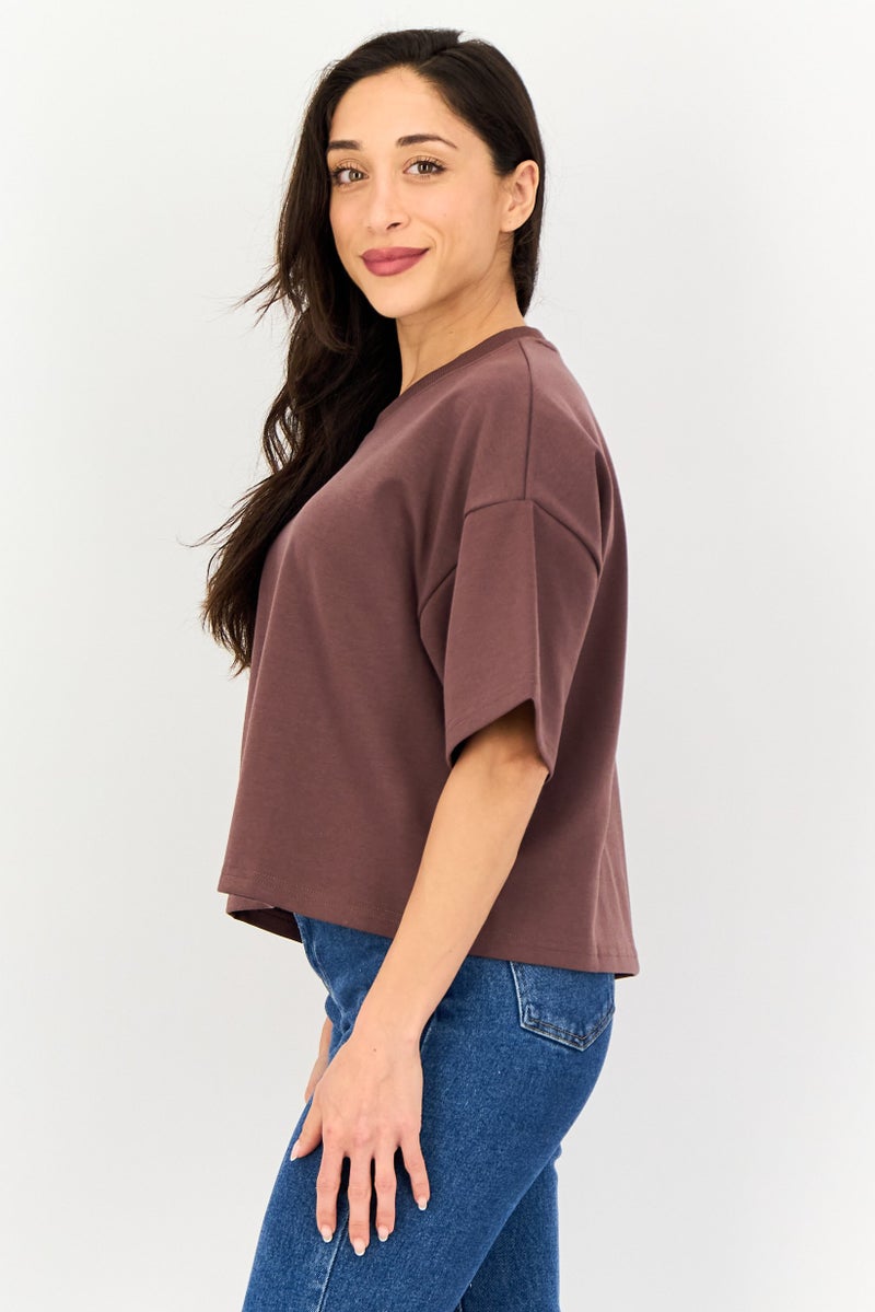 Core Elements Women Ribbed Neck Short Sleeve Plain Top, Brown - Image 2