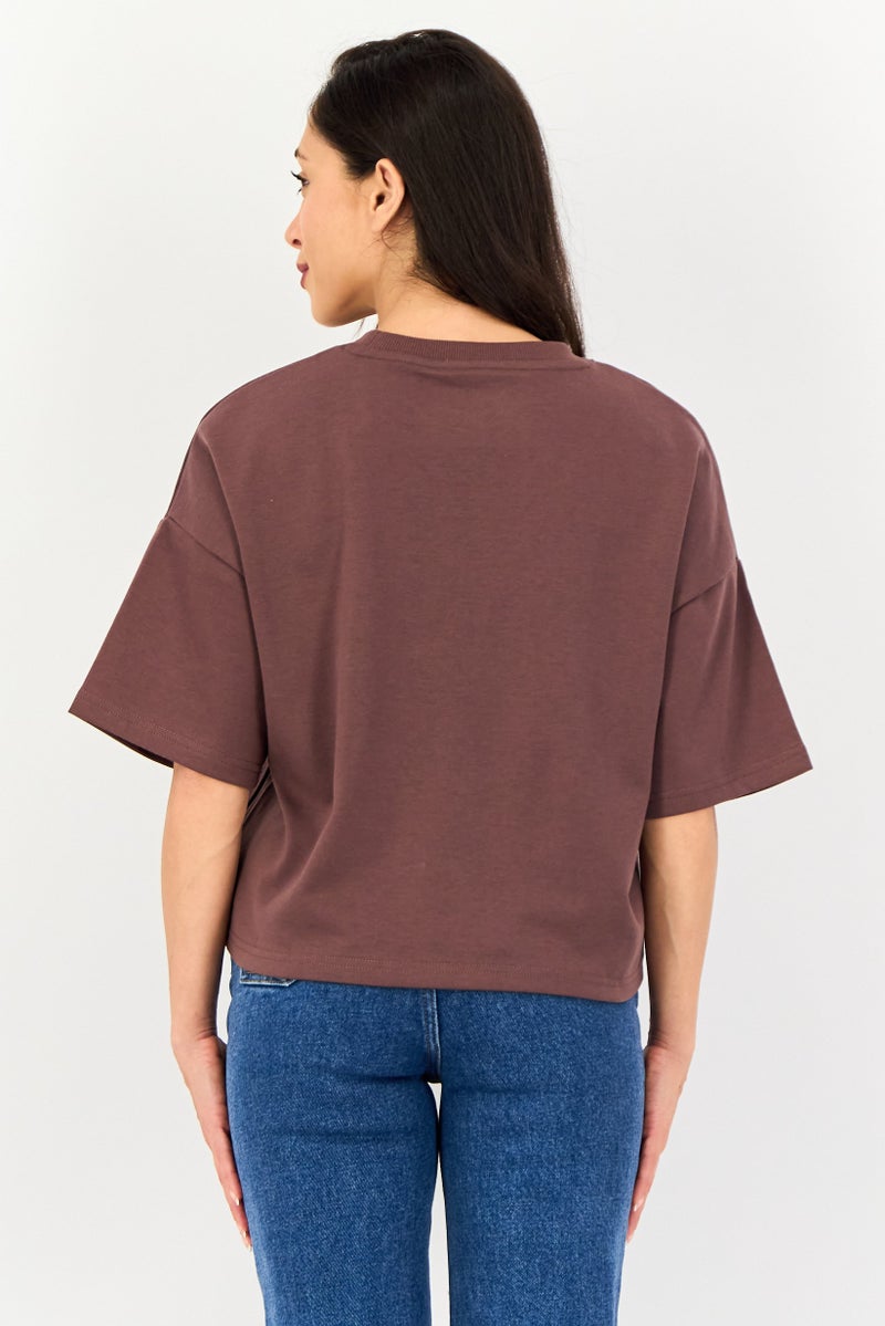 Core Elements Women Ribbed Neck Short Sleeve Plain Top, Brown - Image 3