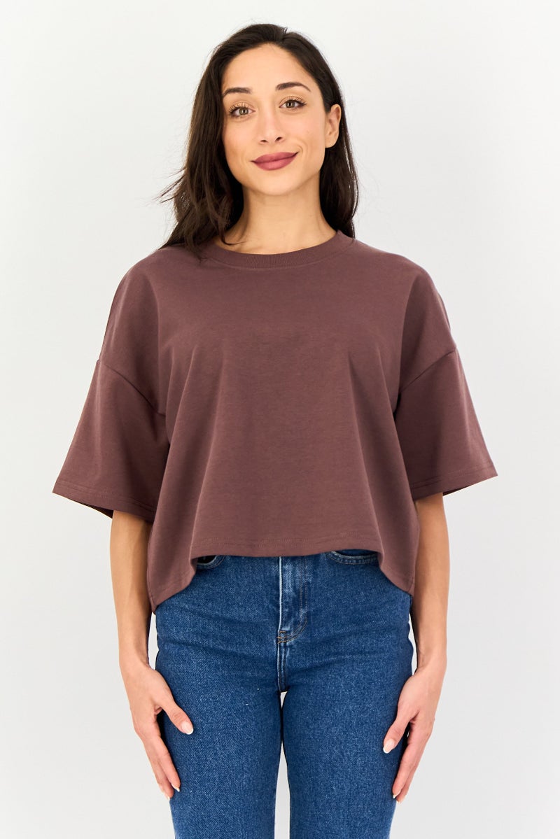 Core Elements Women Ribbed Neck Short Sleeve Plain Top, Brown - Image 1