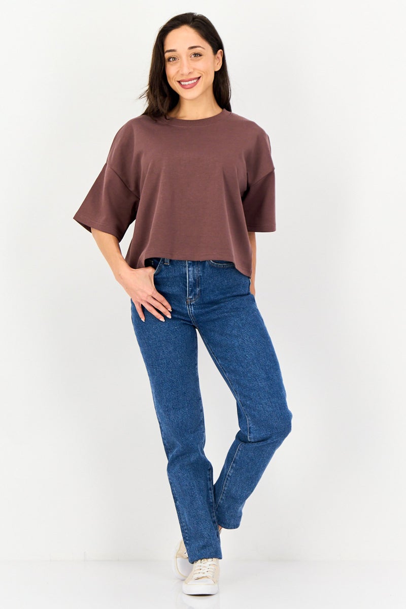 Core Elements Women Ribbed Neck Short Sleeve Plain Top, Brown - Image 4