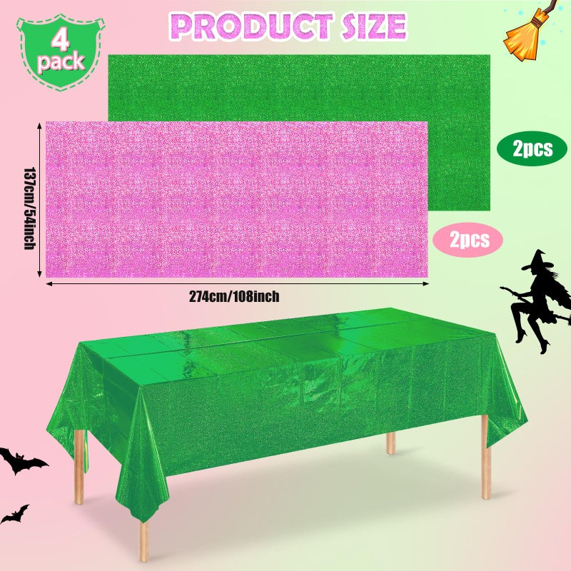 Pascliyna 4 Pcs Iridescent Pink and Green Tablecloth Party Decorations, Holographic Foil Plastic Table Cloths for Rectangle Tables, Disposable Green and Pink Table Cover for Witch Theme Birthday Party Supplies - Image 2