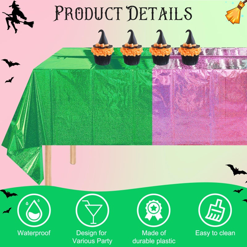 Pascliyna 4 Pcs Iridescent Pink and Green Tablecloth Party Decorations, Holographic Foil Plastic Table Cloths for Rectangle Tables, Disposable Green and Pink Table Cover for Witch Theme Birthday Party Supplies - Image 3