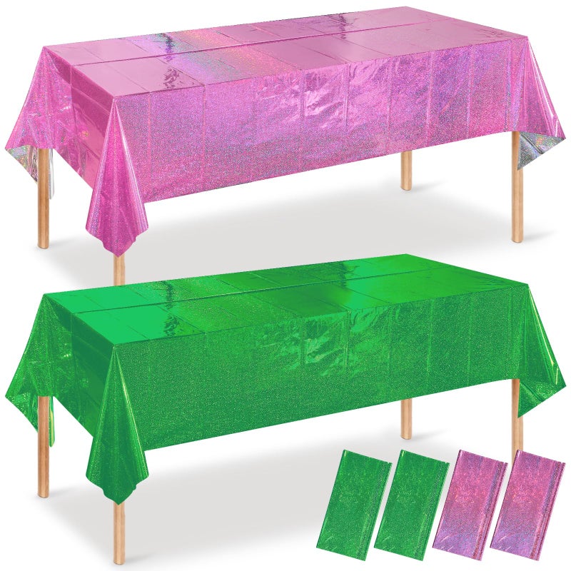 Pascliyna 4 Pcs Iridescent Pink and Green Tablecloth Party Decorations, Holographic Foil Plastic Table Cloths for Rectangle Tables, Disposable Green and Pink Table Cover for Witch Theme Birthday Party Supplies - Image 1
