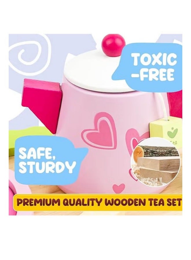 ميكسد مجموعة ألعاب شاي بعد الظهر الوردي الخشبية المكونة من 21 قطعة، صينية ألعاب التظاهر بالطعام، ملحقات المطبخ التعليمية، هدايا للفتيات والأولاد بعمر سنتين فأكثر - Image 2