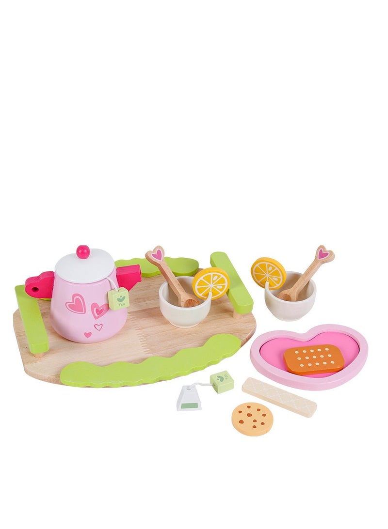 ميكسد مجموعة ألعاب شاي بعد الظهر الوردي الخشبية المكونة من 21 قطعة، صينية ألعاب التظاهر بالطعام، ملحقات المطبخ التعليمية، هدايا للفتيات والأولاد بعمر سنتين فأكثر - Image 1