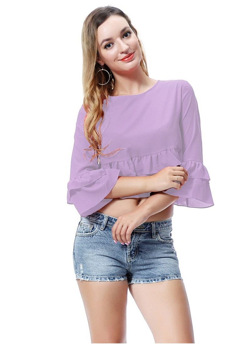 إسكدنيا - Women's Solid Color Round Neck Top Loose Ruffled Blouse Light Purple - Image 1