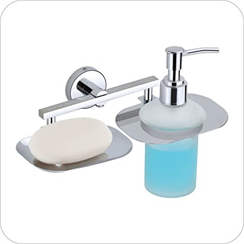 KANJAL Liquid soap Dispenser with soap case Holder for washbasin Liquid Dispenser and saop Dish for Bathroom soap Holders dispensers 37(304 Stainless Steel,Chrome Finish,Frosted Glass) - Image 2
